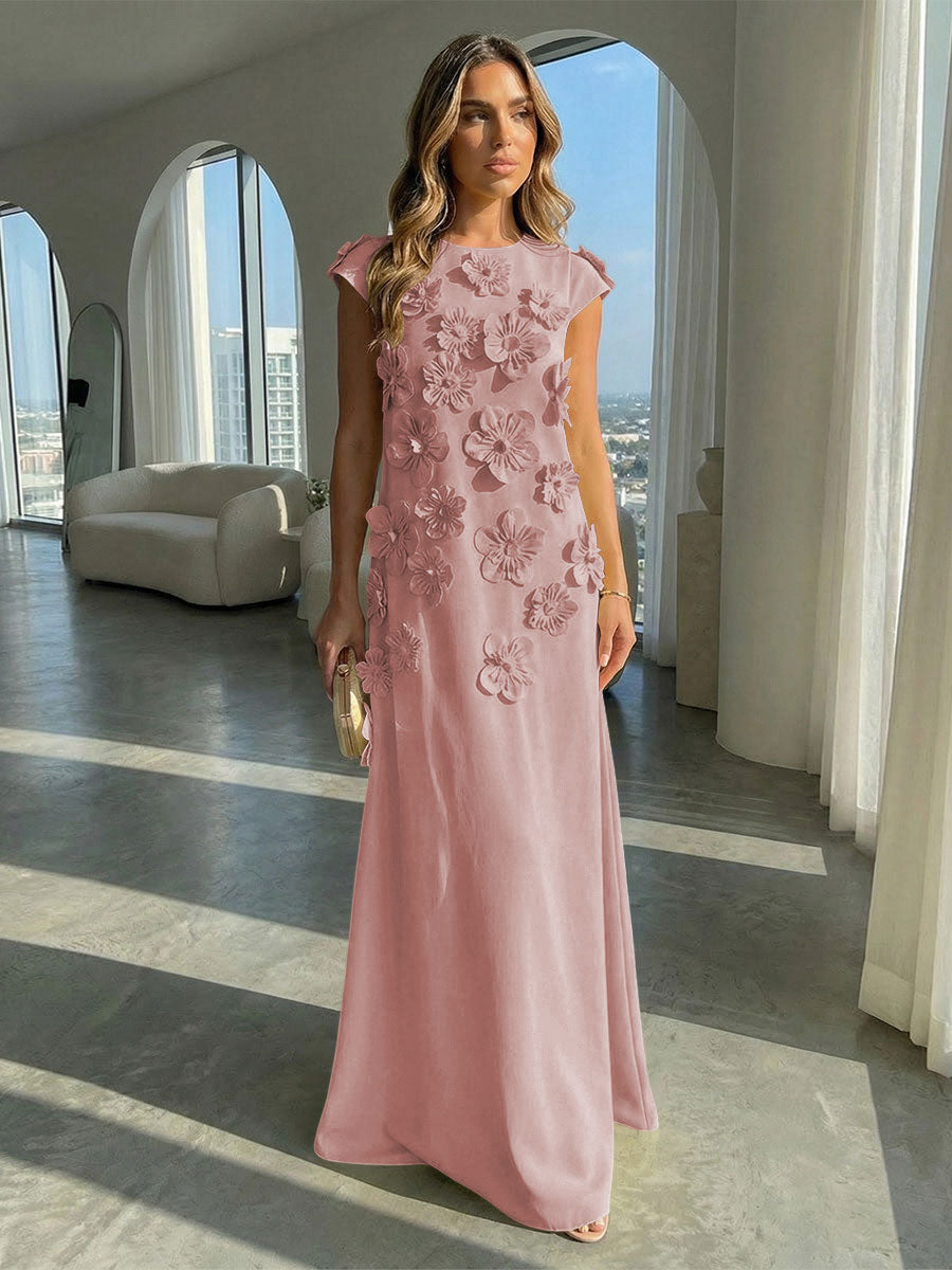 Jersey A-Line Crew Neck 3D Flowers Formal Dresses