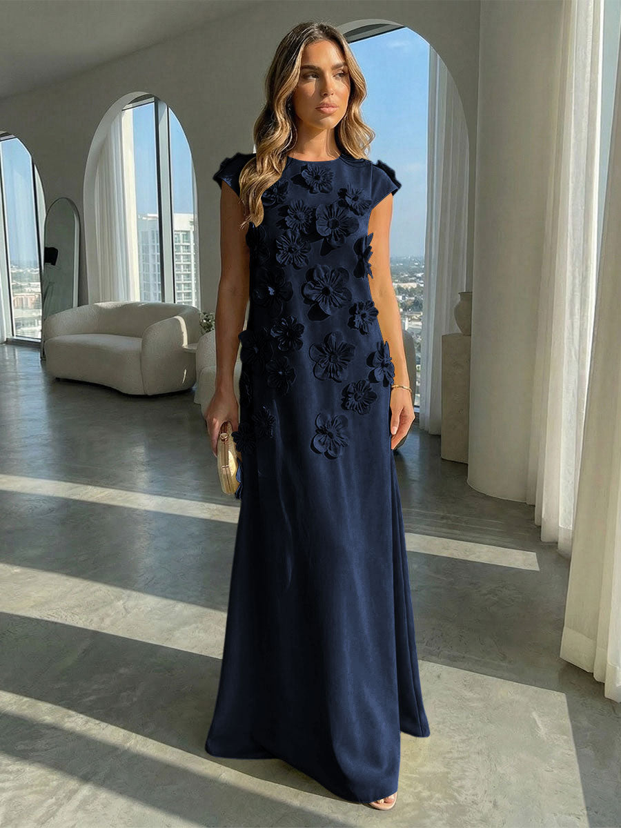 Jersey A-Line Crew Neck 3D Flowers Formal Dresses