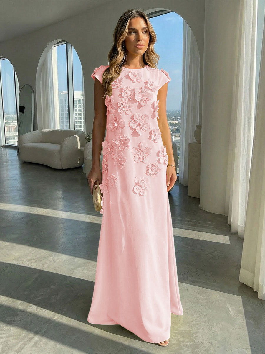 Jersey A-Line Crew Neck 3D Flowers Formal Dresses