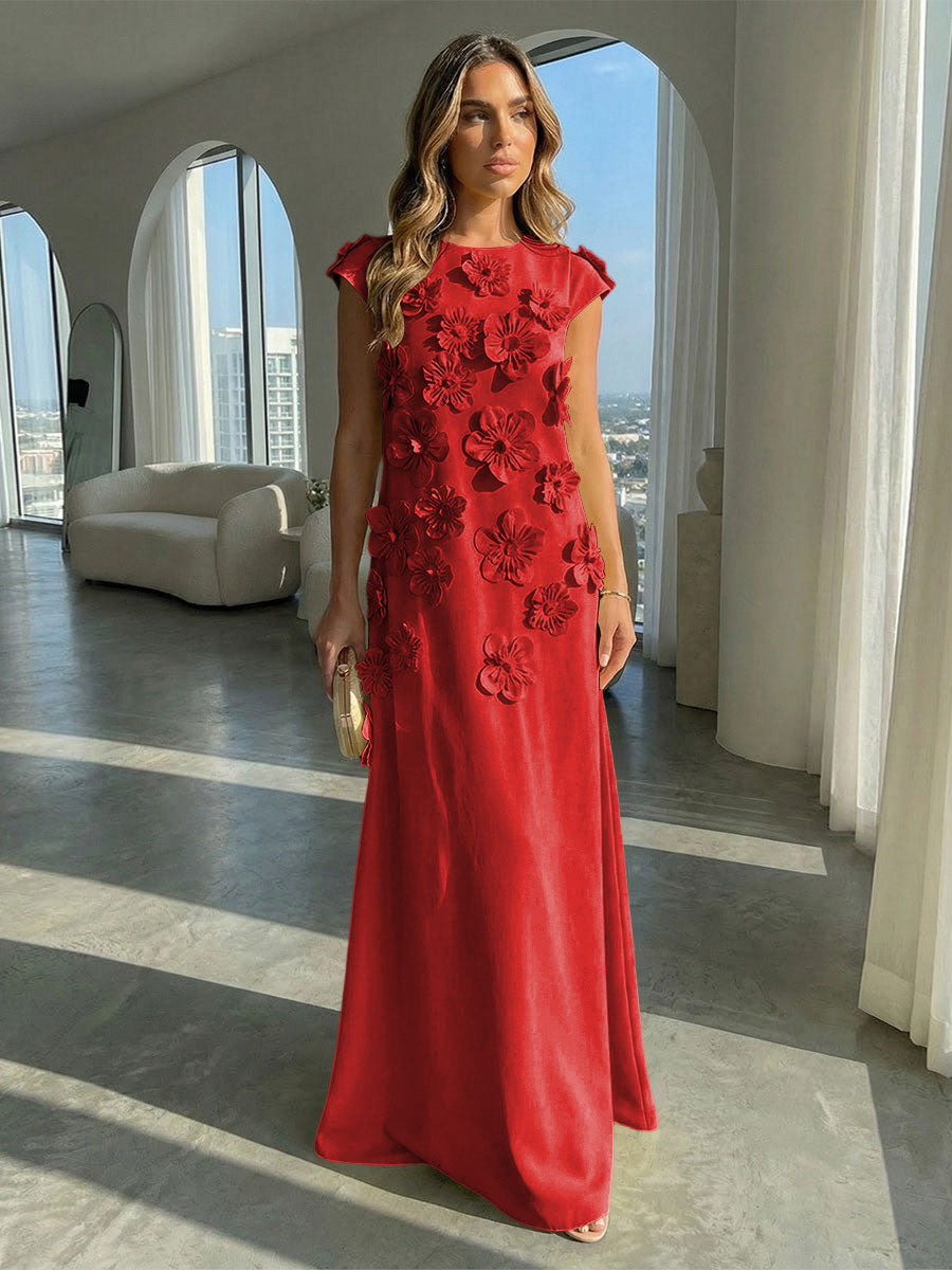 Jersey A-Line Crew Neck 3D Flowers Formal Dresses