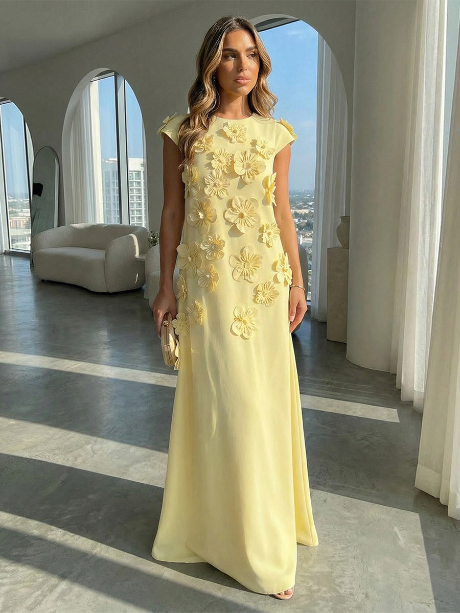 Jersey A-Line Crew Neck 3D Flowers Formal Dresses