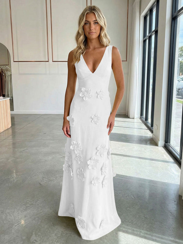 Jersey A-Line V-Neck 3D Flowers Formal Dresses