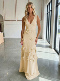 Jersey A-Line V-Neck 3D Flowers Formal Dresses