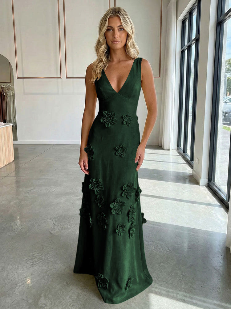 Jersey A-Line V-Neck 3D Flowers Formal Dresses