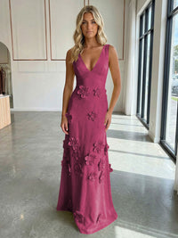 Jersey A-Line V-Neck 3D Flowers Formal Dresses