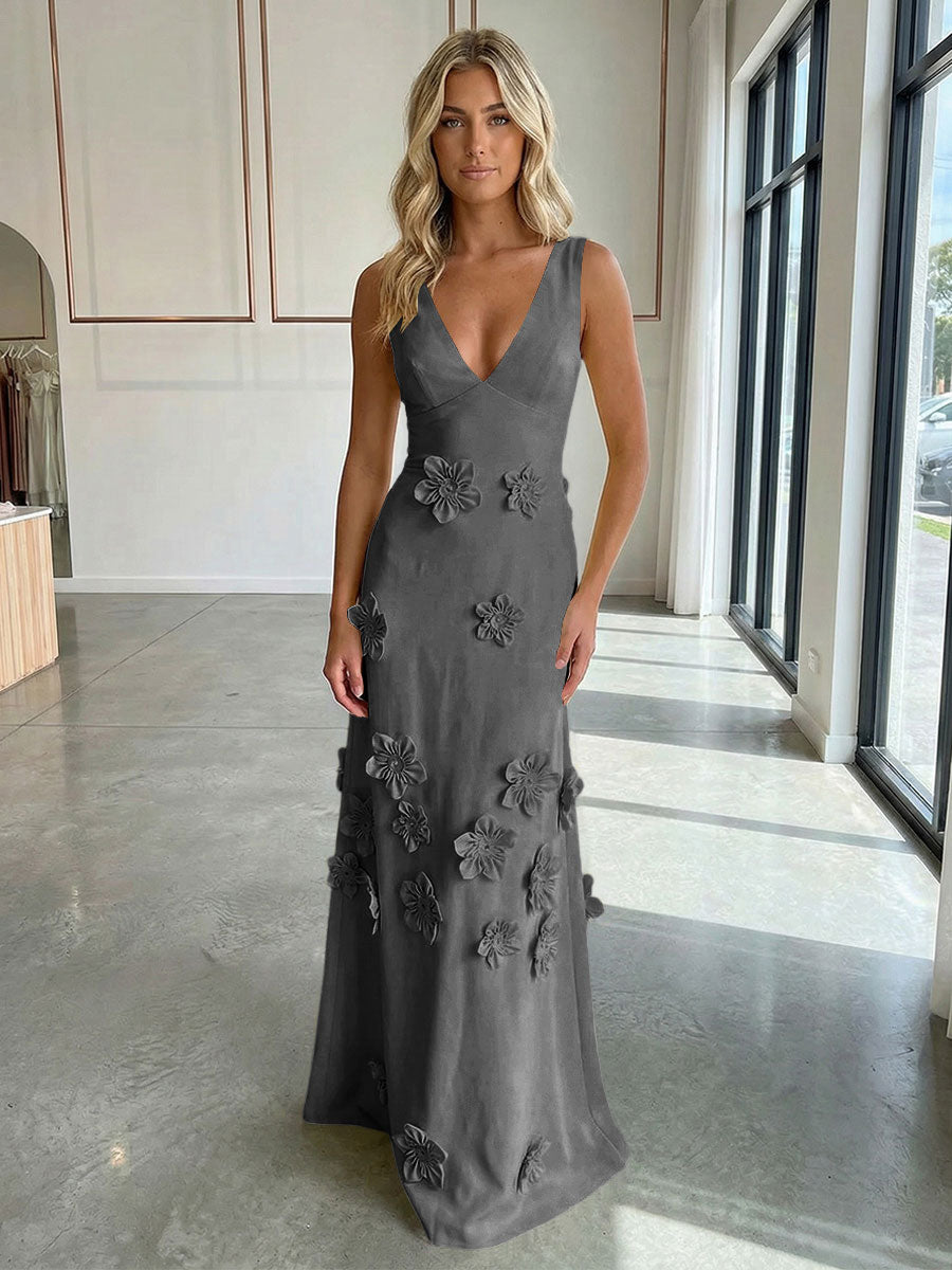 Jersey A-Line V-Neck 3D Flowers Formal Dresses