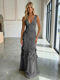 Jersey A-Line V-Neck 3D Flowers Formal Dresses
