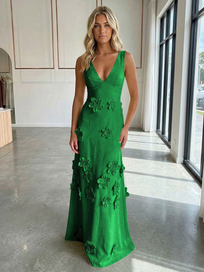 Jersey A-Line V-Neck 3D Flowers Formal Dresses