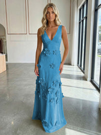 Jersey A-Line V-Neck 3D Flowers Formal Dresses