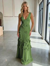Jersey A-Line V-Neck 3D Flowers Formal Dresses