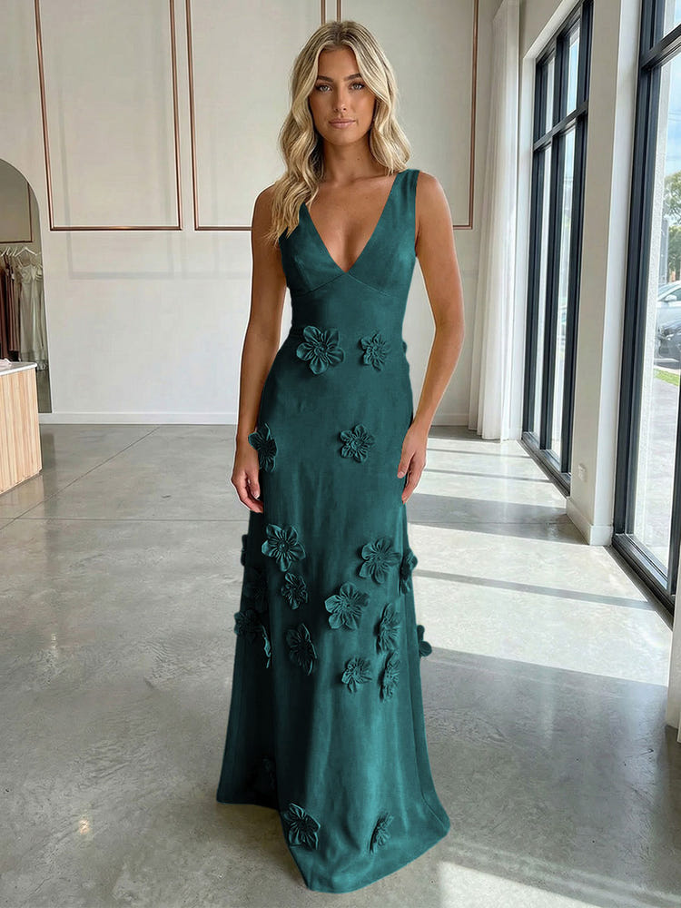 Jersey A-Line V-Neck 3D Flowers Formal Dresses