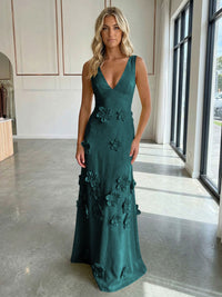 Jersey A-Line V-Neck 3D Flowers Formal Dresses