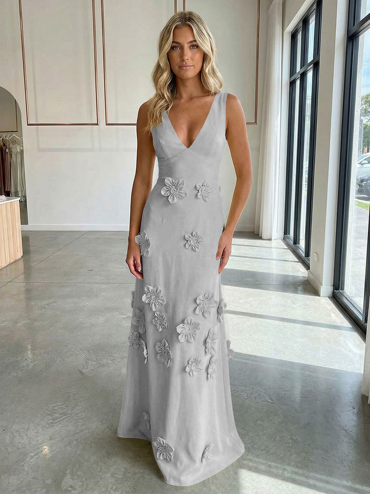 Jersey A-Line V-Neck 3D Flowers Formal Dresses