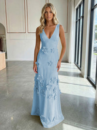 Jersey A-Line V-Neck 3D Flowers Formal Dresses
