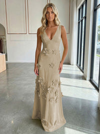 Jersey A-Line V-Neck 3D Flowers Formal Dresses