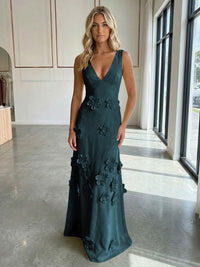 Jersey A-Line V-Neck 3D Flowers Formal Dresses