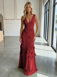 Jersey A-Line V-Neck 3D Flowers Formal Dresses