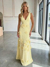 Jersey A-Line V-Neck 3D Flowers Formal Dresses
