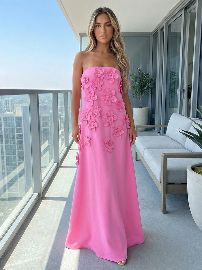 Jersey A-Line Strapless 3D Flowers Formal Dresses