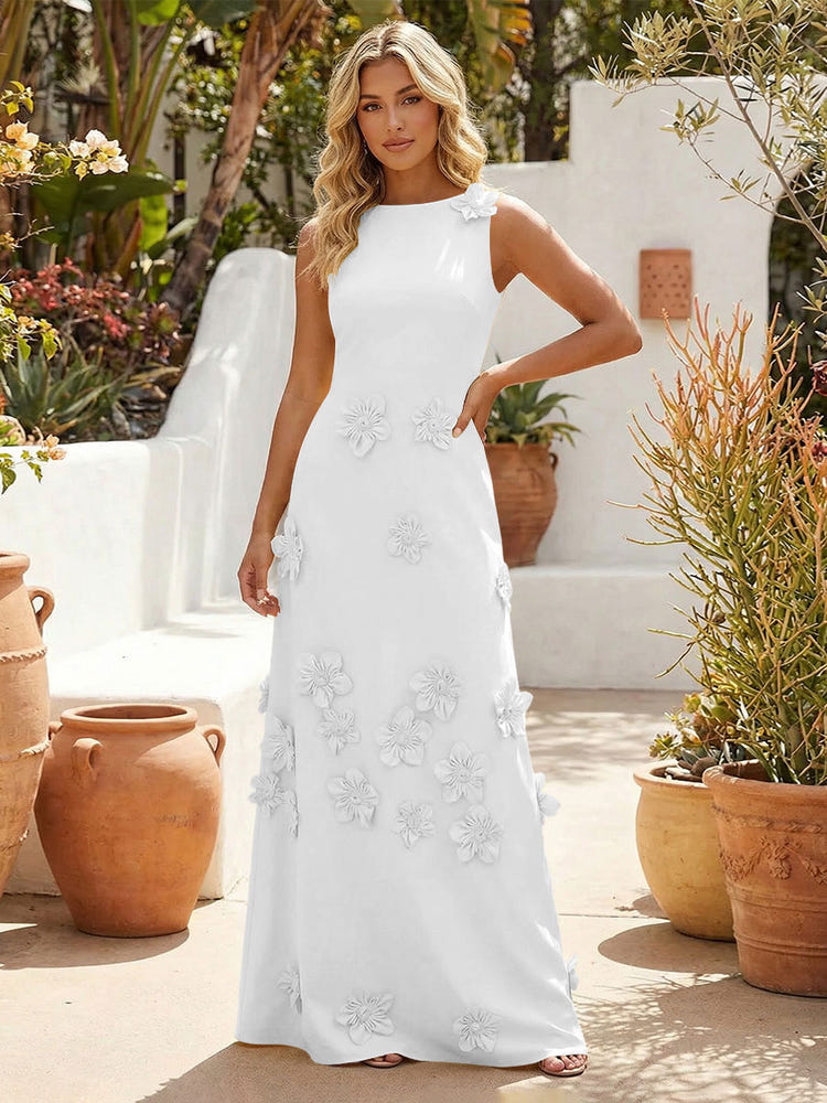 Jersey A-Line Crew Neck 3D Flowers Formal Dresses