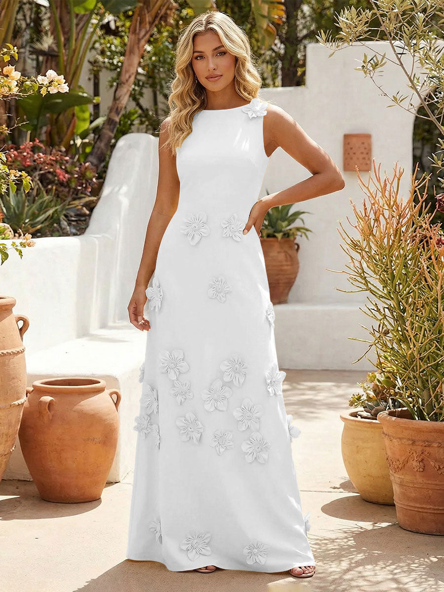 Jersey A-Line Crew Neck 3D Flowers Formal Dresses