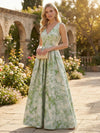 Floral A-Line V Neck Long Pleated Formal Dresses