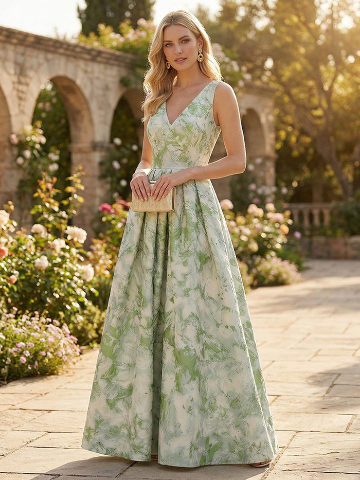 Floral A-Line V Neck Long Pleated Formal Dresses
