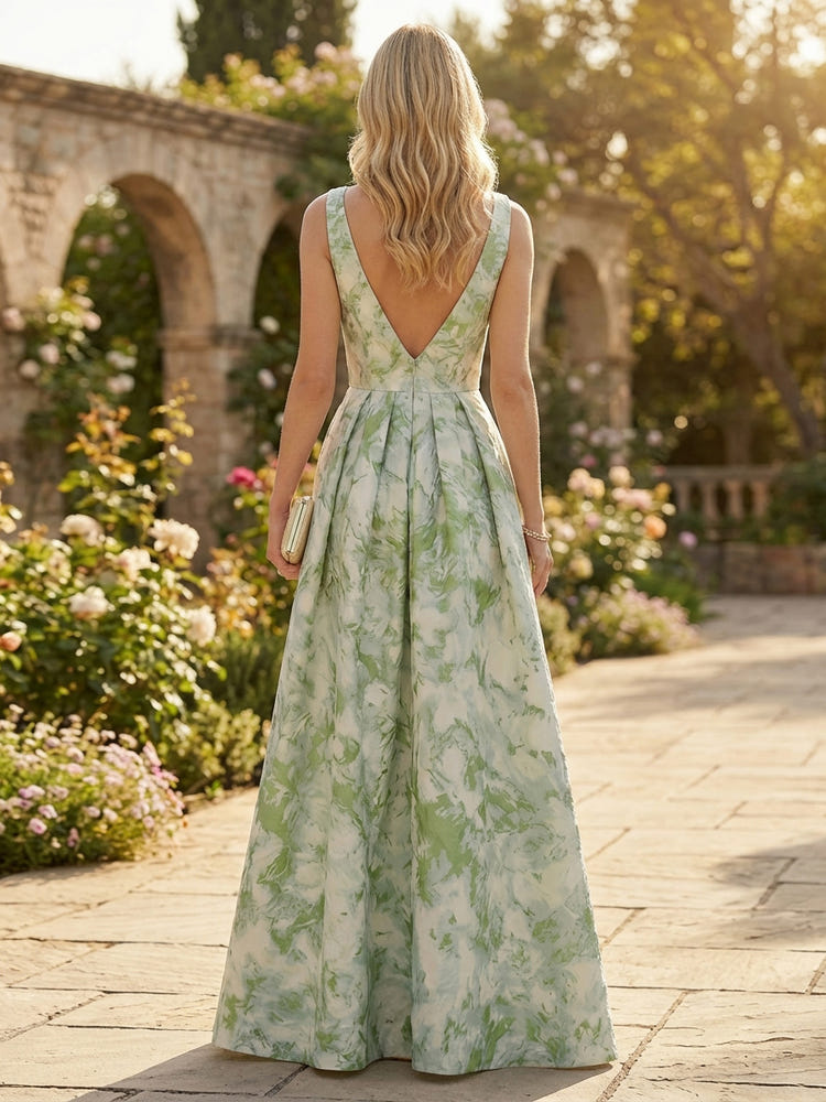 Floral A-Line V Neck Long Pleated Formal Dresses