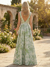 Floral A-Line V Neck Long Pleated Formal Dresses