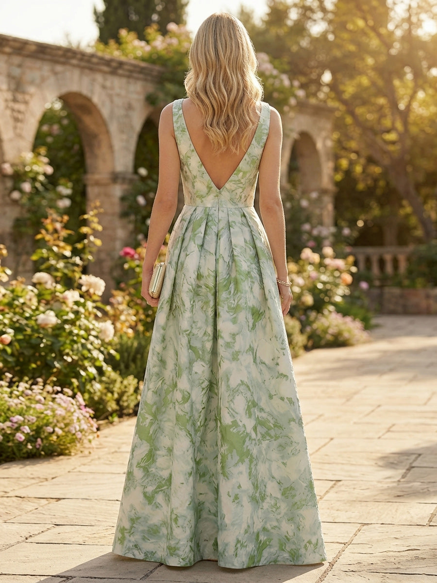 Floral A-Line V Neck Long Pleated Formal Dresses