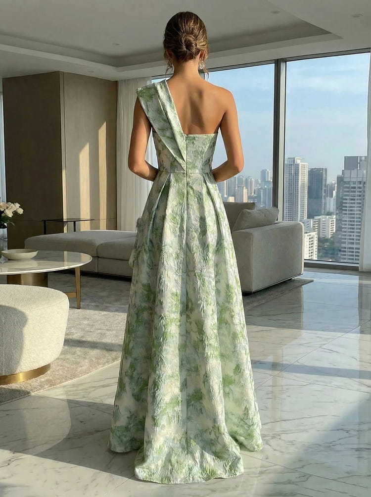2026 Floral Formal Maxi Dresses Elegant Women's A-Line One Shoulder Sleeveless Ruffle Ruched Satin Guest Evening Gown
