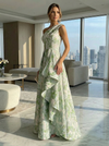 A-Line Floral One Shoulder Satin Formal Dresses with Ruffles