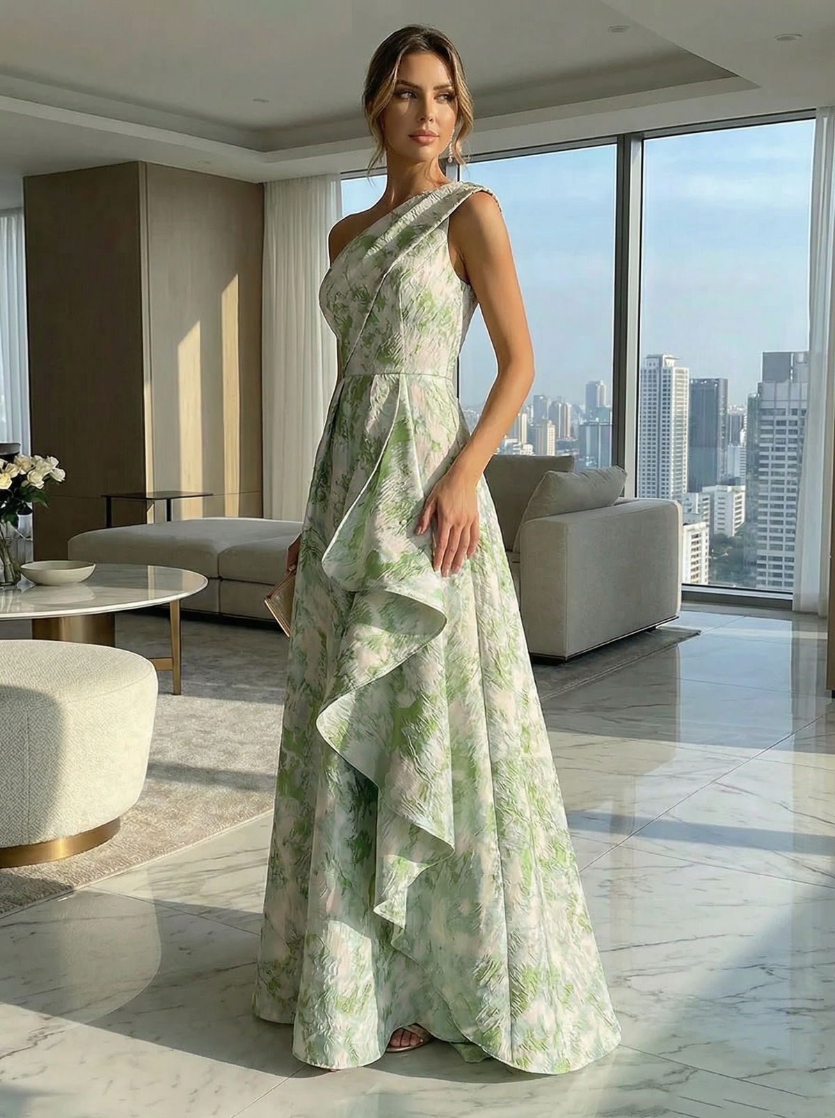 A-Line Floral One Shoulder Satin Formal Dresses with Ruffles
