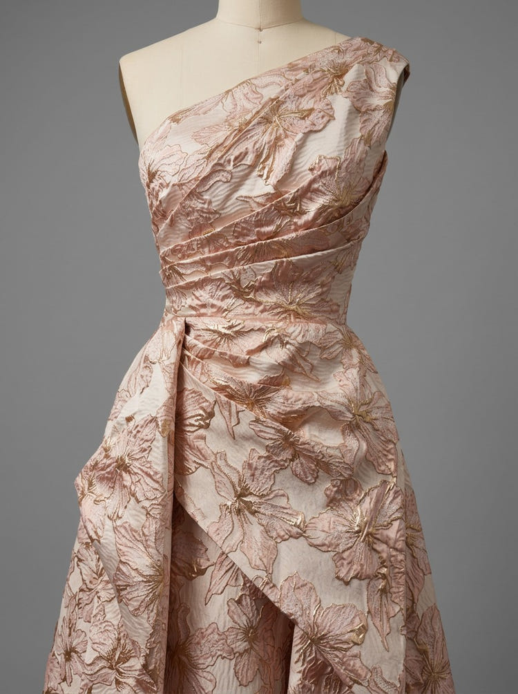 A-Line Floral One Shoulder Satin Formal Dresses with Ruffles