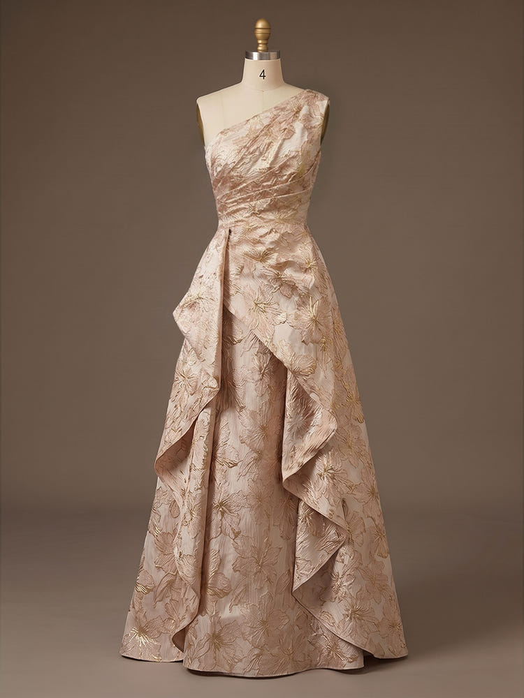 A-Line Floral One Shoulder Satin Formal Dresses with Ruffles