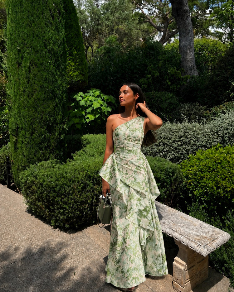 A-Line Floral One Shoulder Satin Formal Dresses with Ruffles