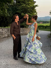 A-Line Floral One Shoulder Satin Formal Dresses with Ruffles