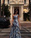 A-Line Floral One Shoulder Satin Formal Dresses with Ruffles