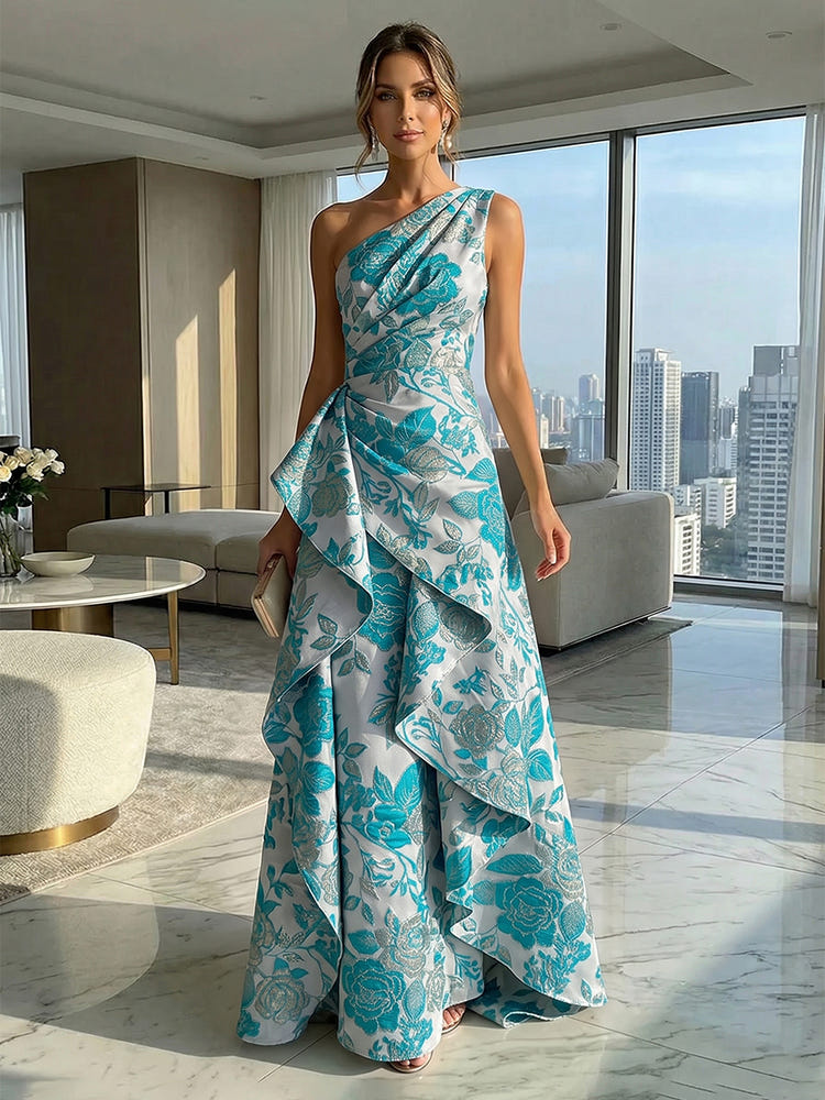 A-Line Floral One Shoulder Satin Formal Dresses with Ruffles