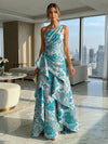 A-Line Floral One Shoulder Satin Formal Dresses with Ruffles