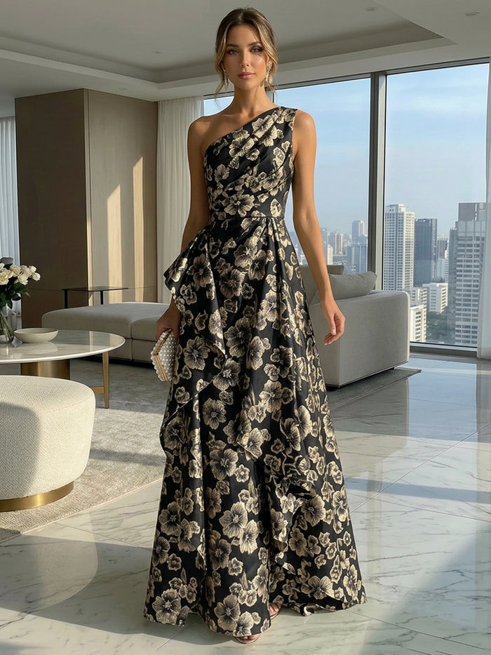 A-Line Floral One Shoulder Satin Formal Dresses with Ruffles