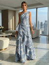 A-Line Floral One Shoulder Satin Formal Dresses with Ruffles