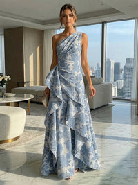 A-Line Floral One Shoulder Satin Formal Dresses with Ruffles