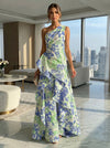 A-Line Floral One Shoulder Satin Formal Dresses with Ruffles
