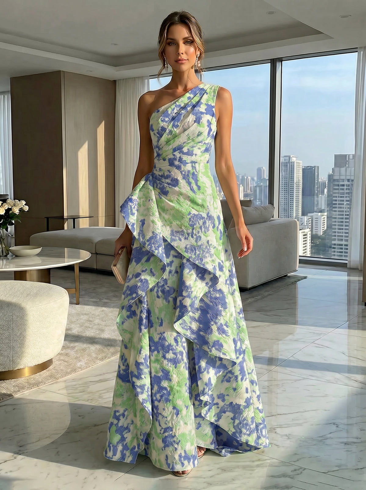 A-Line Floral One Shoulder Satin Formal Dresses with Ruffles
