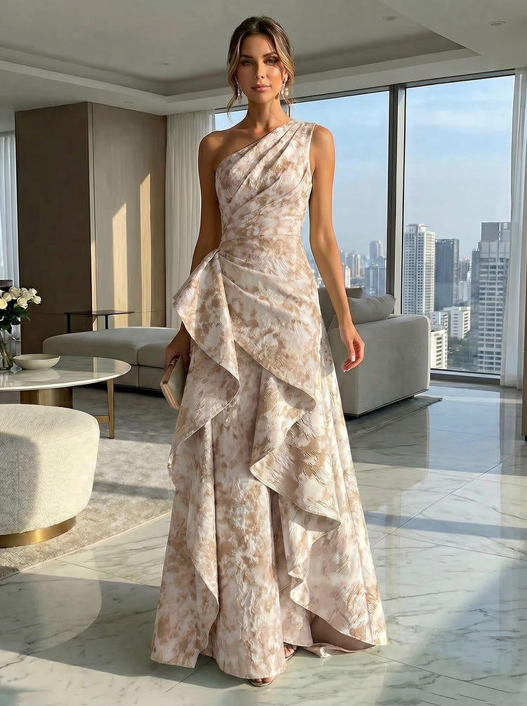 2026 Floral Formal Maxi Dresses Elegant Women's A-Line One Shoulder Sleeveless Ruffle Ruched Satin Guest Evening Gown