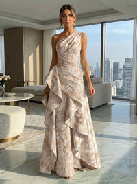 A-Line Floral One Shoulder Satin Formal Dresses with Ruffles
