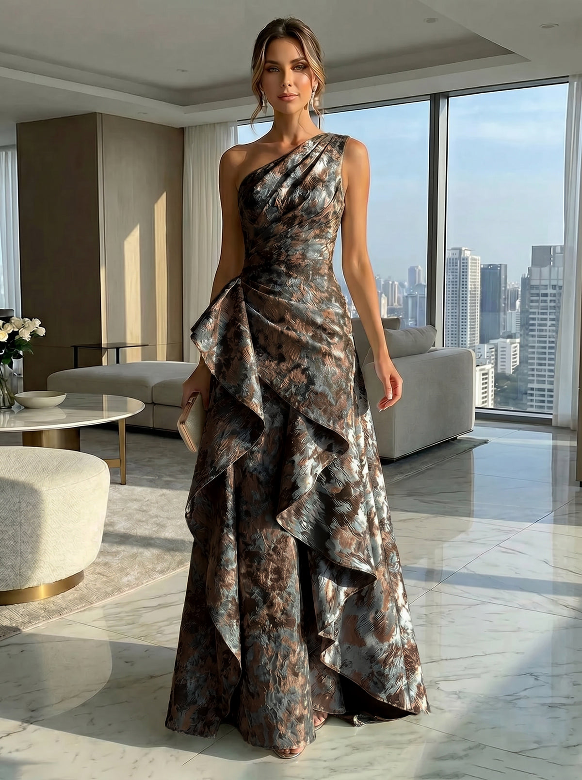 A-Line Floral One Shoulder Satin Formal Dresses with Ruffles