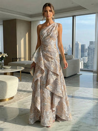A-Line Floral One Shoulder Satin Formal Dresses with Ruffles