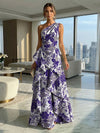 A-Line Floral One Shoulder Satin Formal Dresses with Ruffles
